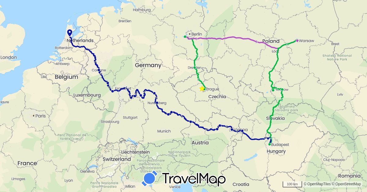 TravelMap itinerary: driving, bus, train, emerald sun in Austria, Czech Republic, Germany, Hungary, Netherlands, Poland, Slovakia (Europe)